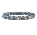 Blue crackled agate beaded bracelet with metal Buddha head charm and spacer beads detail view. - Blue Cracked Agate