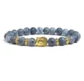 Blue crackled agate stone bead bracelet with gold Buddha head and metal spacer charms for men women. - Blue-Grey Crackle Agate