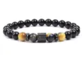 Close-up detail of 8mm tiger eye gemstone and black obsidian beaded bracelet with micro-paved spacer. - 8mm (Approx 20cm) / Yellow Tiger Eye (27)