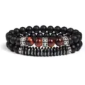 Detailed view of the 2-piece tiger eye and black stone beaded bracelet set with spacers. - Style 7