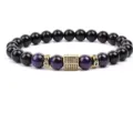 Beaded bracelet with purple and black stone beads and gold micro pave cube spacer. - 8mm (Approx 20cm) / Purple Tiger Eye (16)