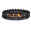 Two-piece set 8mm tiger eye faceted hematite beaded bracelet with micro-inlaid metal spacers - Style 2