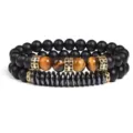 Two-piece 8mm tiger eye and black stone beaded bracelet set with micro pave gold spacers. - Style 1