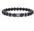 Beaded bracelet with blue tiger eye and black stone, featuring a micro-paved square spacer. - 8mm (Approx 20cm) / Blue Tiger Eye (9)