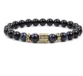 Stylish beaded bracelet with black round beads, blue tiger eye and gold pave cubic spacer - 8mm (Approx 20cm) / Blue Tiger Eye (11)