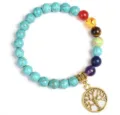8mm Turquoise Tiger Eye Stone Chakra Beaded Bracelet with Gold Tree of Life Pendant - Style 33