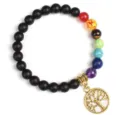 Chakra beaded bracelet with 8mm matte black stones, colorful chakra beads and tree of life pendant. - Style 36