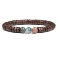 Wooden disk bead bracelet with natural gemstone center beads vintage style unisex jewelry accessory - Size 6
