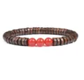 Close-up detail of the wooden disc beads and red agate round stones bracelet craftsmanship. - Size 5