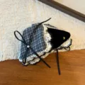 Korean style triangular hair claw clip featuring black ribbon bow and lace details - Hair Claw / Black and White Patchwork