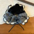 Elegant velvet and plaid hair scrunchie with lace trim and black ribbon bow detail - Hair Tie / Black and White Patchwork