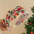 Serre-tête large élégant brodé de fleurs avec maille de dentelle colorée pour femme - Broderie Beige et Rose