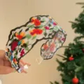 Serre-tête large brodé avec motifs floraux colorés sur tulle blanc pour femmes - Broderie Noir et Vert