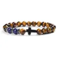 Natural tiger eye stone beaded bracelet with black cross charm, stylish gemstone jewelry for men. - 8