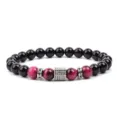 Detailed view of beaded bracelet with red tiger eye stones, black beads and paved cubic zirconia. - Red Tiger's Eye (2)