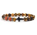 Natural tiger eye stone and red agate bead bracelet with a black cross charm detail. - 9