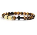 Tiger eye stone and yellow chalcedony beaded bracelet detail view, minimalist black cross. - 15