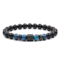 Fashion Blue Tiger Eye Beaded Bracelet with Black Stones and Pave Zircon Cylinder - Blue Tiger's Eye (15)