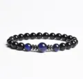 Close-up details of the beaded bracelet featuring black stones and blue tiger eye beads. - Finished Bracelet Elastic approx 20cm / Blue Tiger Eye