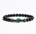 Natural stone beaded bracelet with black onyx and green tiger eye beads for daily wear. - Finished Bracelet Elastic approx 20cm / Green Striped Stone