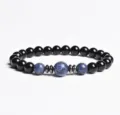 8mm black bead bracelet with blue gemstone and metallic spacers elegant unisex jewelry gift - Finished Bracelet Elastic approx 20cm / Blue Sodalite
