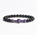 Close-up detail of black bead and purple crystal gemstone stretch bracelet with spacers. - Finished Bracelet Elastic approx 20cm / Amethyst
