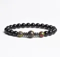Detailed close-up of natural stone gemstone bracelet with black beads and spacer accents. - Finished Bracelet Elastic approx 20cm / Green Stone and Red Chalcedony