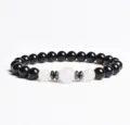 Close-up detail of black and white beaded bracelet with metal spacers for stylish daily wear. - Finished Bracelet Elastic approx 20cm / White Chalcedony