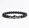 Black beaded detail bracelet with metallic spacer beads closeup view for men and women - Finished Bracelet Elastic approx 20cm / Black