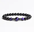 Exquisite beaded bracelet detail featuring purple chatoyant stones and dark obsidian beads. - Finished Bracelet Elastic approx 20cm / Purple Tiger Eye Obsidian