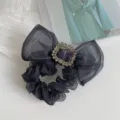 Elegant black mesh bow scrunchie hair tie with a sparkling central rhinestone buckle - Rhinestone Buckle Style (210916) / Black