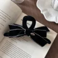 Elegant vintage black velvet bow hair claw clip with white dotted edge for hair styling - Hair Claw