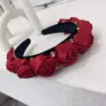 Elegant red rose headband with rhinestones on wide black velvet band - Red