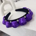 Purple satin rose headband with sparkling rhinestones and wide black band - Deep purple