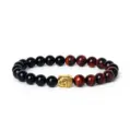 8mm Natural Volcanic Stone Red Tiger Eye Bead Bracelet with Gold Buddha Head Charm. - Red Tiger's Eye & Volcanic Stone
