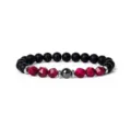 Detailed shot of gemstone beaded bracelet featuring matte black and pink faceted tiger eye beads. - 8