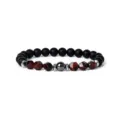 Closeup of 8mm matte black and red faceted stone beaded bracelet with metallic accents - 7