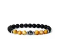 Detail shot of a beaded bracelet featuring 8mm faceted tiger eye and matte black beads. - 12