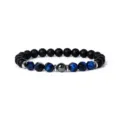 Close-up detail of blue faceted tiger eye and black matte bead bracelet with metal spacers. - 13