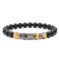 Close-up of the fashion beaded bracelet with black stones, tiger's eye, and a zircon square charm. - Multicolor Tiger's Eye (18)