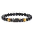Natural stone beaded bracelet with tiger eye obsidian and micro pave zircon charm for men - Yellow Tiger's Eye (19)