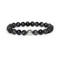Detailed view of a natural labradorite beaded bracelet with an antique silver alloy spacer. - Labradorite Color