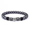 Armband van lava steen en metalen kralen met gedetailleerde zilveren luipaard kop. - Luipaardkop decoratie / Zwart