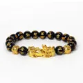 Bracelet en perles d'obsidienne noire avec charm Pixiu doré et mantra gravé pour mode unisexe - Obsidienne 6