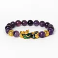 Bracelet en perles de cristal améthyste violette Pi Xiu plaqué or bijou élastique - Améthyste