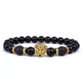 Heren goud leeuwenkop zwarte lavasteen en agaat kralen armband yoga sieraden set - Leeuwenkop / Zwart
