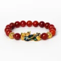 Bracelet en Perles d'Agate Rouge avec Charme Pixiu Or Bijou Porte-Bonheur Élastique Chinois - Agate rouge