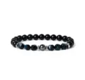Detailed view of natural gemstone beaded bracelet with blue tiger eye and black beads. - 18