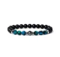 Close-up detail of blue faceted tiger eye and black gemstone beaded bracelet, yoga jewelry. - 19