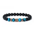 8mm blue tiger eye and black stone beaded bracelet with rose gold zircon spacer beads detail shot. - Style 30